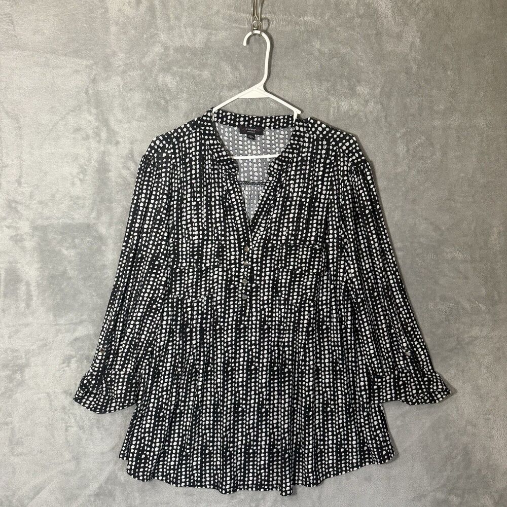 Cocomo Woman Top 2X Plus Roll Tab Sleeves V Neck Black Print Tunic Popover